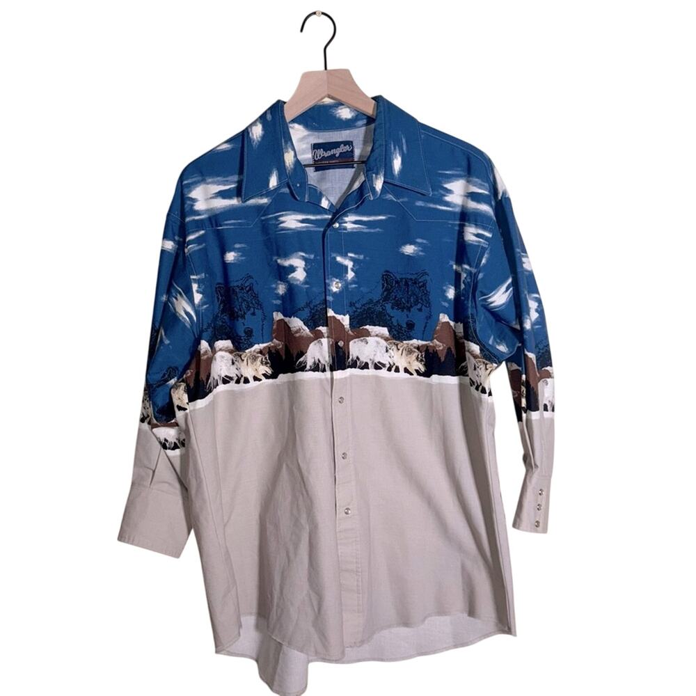 VNTG RARE WRANGLER pearl snap Western cowboy shirt with wolf print 2X